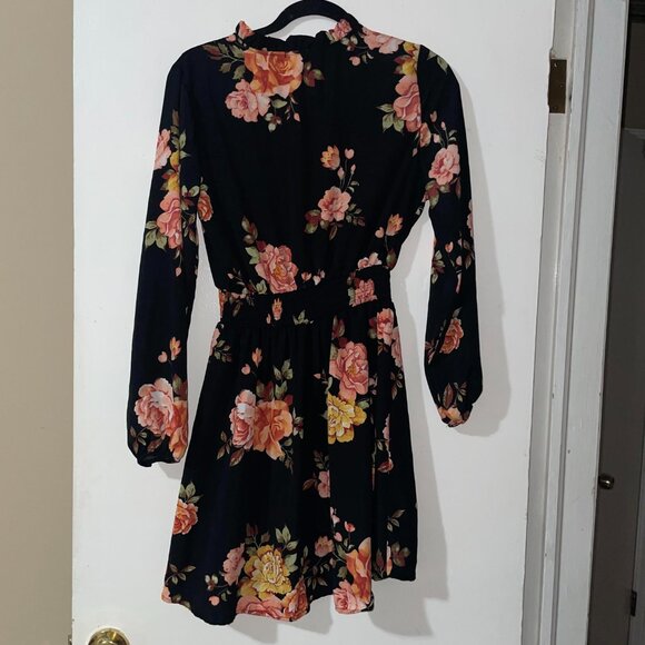 rue21 Black Peach Pink Green Floral Long Sleeved Elastic Waist Dress Size M‎ - Picture 2 of 7